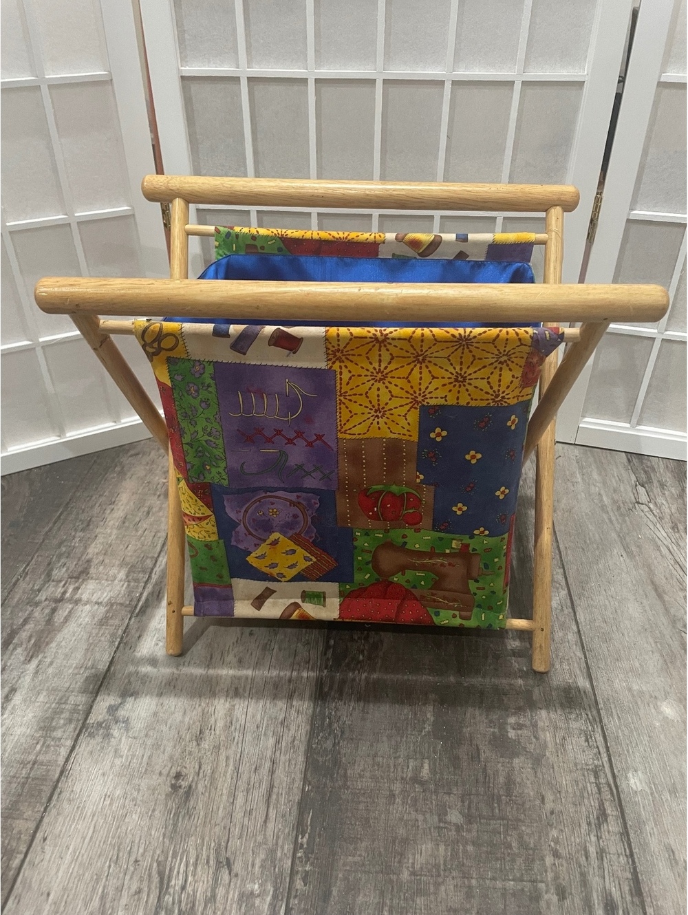 Vintage Wooden Sewing Basket w/ Colorful Patchwork Fabric